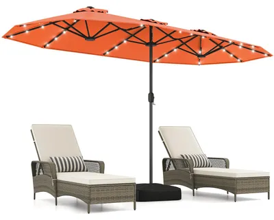 Produktbild von COSTWAY Doppelsonnenschirm 400x200cm mit Ständer, LED-Leuchten & Kurbel, Sonnenschirm UPF 50+, Gartenschirm, Terrassenschirm, Marktschirm Orange
