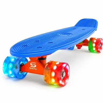 Image de Suotu Mini-skateboard LED pour enfants, avec roues LED (piles non requises), roulements ABEC-7, plateau en plastique, 55,9 x 15,2 cm, bleu, supporte j
