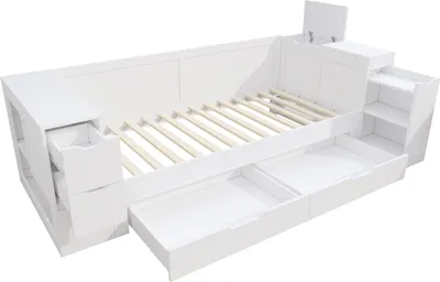 Produktbild von Flieks Jugendbett 90x190cm mit Schubladen, Schlafsofa Holzbett mit Arm- und Rückenlehne, Tagesbett mit ausziehbarem Nachttisch, Kinderbett Weiß