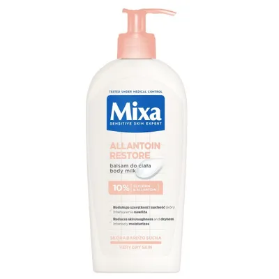 A product shot of a body milk bottle with a pump dispenser.