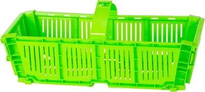 A bright green plastic basket with a handle, shown from a slightly elevated side angle against a white background.