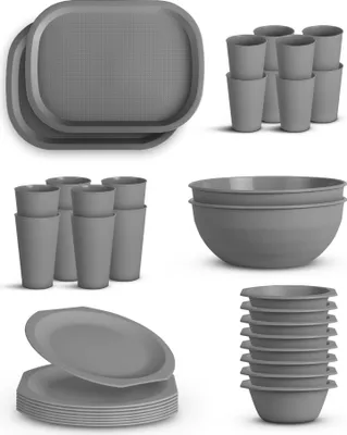 Image de Set de vaisselle en plastique - réutilisable Gris 36 pièces 8 personnes