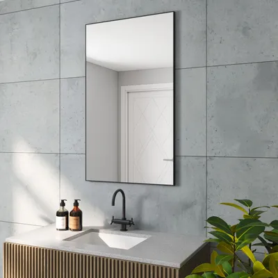 Produktbild von 100x60 cm Wandspiegel Modern Badspiegel Rechteckiger Spiegel Mattschwarzer Aluminiumrahmen horizontaler Einbau Geeignet für Badezimmer, Schlafzimmeru
