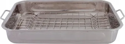 A stainless steel roasting pan with a wire rack inside, shown from a slightly elevated front-left angle against a white background.