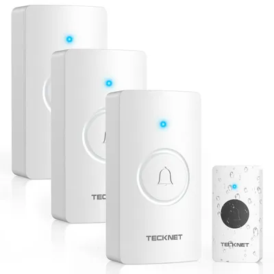 Produktbild von TECKNET Funkklingel, Funkklingel Batteriebetrieben mit 3 Empfänger 1 Sender, 400m Reichweite IP67 Funkklingel aussen wasserdicht, Kabellose Türklingel, Haustür Klingel mit 5 Lautstärken 60 Melodien –