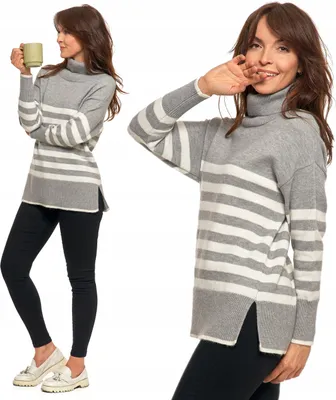 Imagen del producto de Suéter de mujer - Suéter a rayas, talla M - Suéter de cuello alto, color gris - Suéter casual