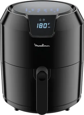 A black Moulinex air fryer is shown against a white background.
