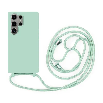 A mint green phone case with a lanyard is displayed against a white background.