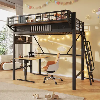 Produktbild von Flieks Etagenbett 90x200cm mit Ablage und Lochwandregal, Hochbett Metallbett mit Leiter, Kinderbett Jugendbett mit Lattenrost, Stockbett Schwarz