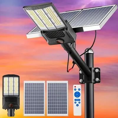Zdjęcie produktu dla Oświetlenie solarne do użytku zewnętrznego - 25000 mAh - Dwa panele słoneczne - Czujnik ruchu - Klasa szczelności IP65 - Regulacja jasności - LED