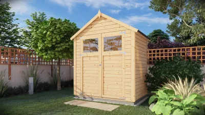 Produktbild von Gerätehaus Landshut 01 inkl. Fußboden, Naturbelassen - 14 mm Elementgartenhaus, Nutzfläche: 2,10 m², Satteldach
