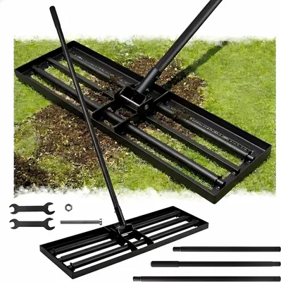 Imagen del producto de 76x25 cm, rastrillo para césped Rolkop, con mango ajustable de 207 cm, robusto rastrillo de acero A3 para césped, ideal para jardines, campos de golf, arena para césped, cuidado del césped y aplicación de arena