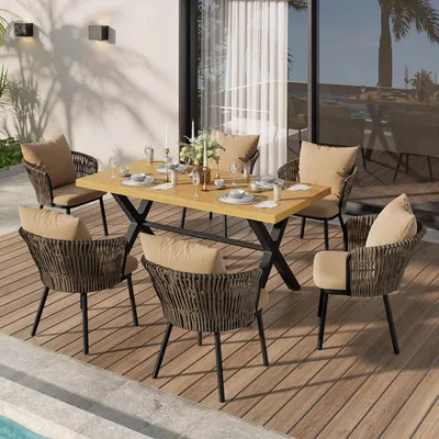 Produktbild von Merax Essgruppen-Set für den Außenbereich, 6 Personen, Gartenmöbel-Set mit Rattan Rückenlehnen, Eisengestell, Sitzkissen, Tisch in Holzoptik, Khaki