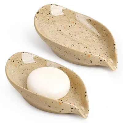 Immagine prodotto di Portasapone in Vetroceramica a forma di foglia, set da 2, color beige, con sistema di scarico dell'acqua