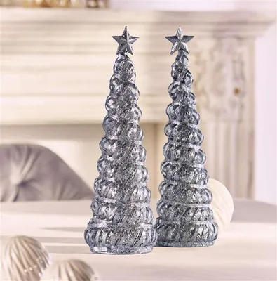 Produktbild von 2x Tanne "Silberglitzer" aus Metall, 30 cm hoch, Dekokegel, Weihnachtsdeko