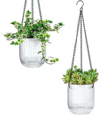 Produktbild von Selbstwassende Pflanzentöpfe 4,5 Zoll für Innenraum, 2er Pack mit Drainageschlitzen, kleine hangende Pflanzentöpfe, Blumenkorb, Wasserstand sichtbar