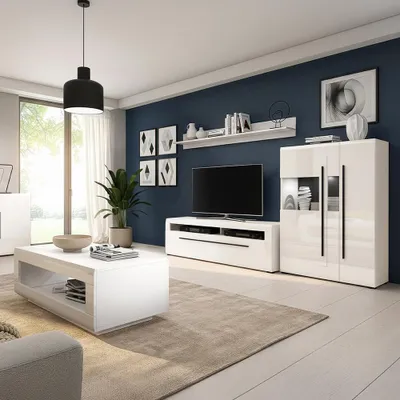 Produktbild von Wohnzimmer Set in Weiß Hochglanz, 4-teilig mit Wohnwand & Couchtisch, inkl. LED Beleuchtung - TURDA-83