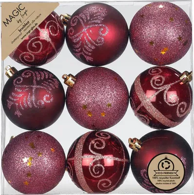 Produktbild von Weihnachtskugeln Kunststoff 6cm mit Glitzer 9er Set - Bordeaux Red