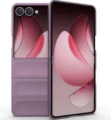 A purple flip phone case is shown in a studio setting.