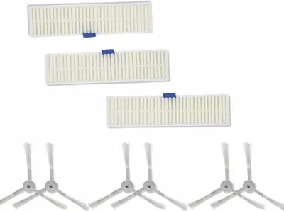 A set of replacement parts for a robot vacuum cleaner, including filters and side brushes, arranged on a white background.