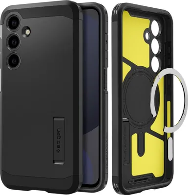 A black phone case with a yellow interior and a silver ring, shown from two angles.