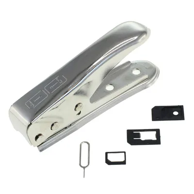 A SIM card punch tool and various SIM card adapters are laid out on a white background.
