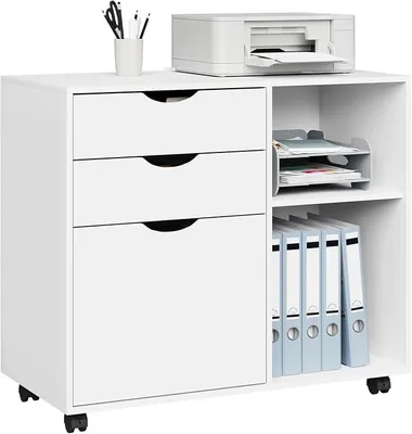 Produktbild von Rollcontainer mit 3 Schubladen, mobiler Aktenschrank mit 5 Rollen, Büroschrank mit verstellbarem Hängeregistratur & Einlegeboden, für Büro Zuhause, 80x69,5x39,5 cm, Weiß, ASK13ws