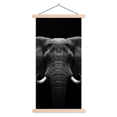 Produktbild von MuchoWow® Textilposter Tiere - Elefant - Porträt - Schwarz - Weiß 60x120 cm mit holzfarbenen Rahmen - Holz