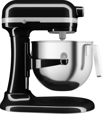 A black KitchenAid stand mixer with a silver bowl is shown from a side-diagonal angle against a white background.