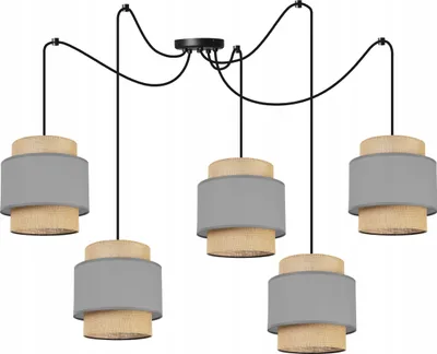 Produktbild von Boho Spider Hängelampe - Deckenlampe - Pendelleuchte aus Metall mit Lampenschirm aus Stoff - E27 - 5-Flammig - Grau und Jute