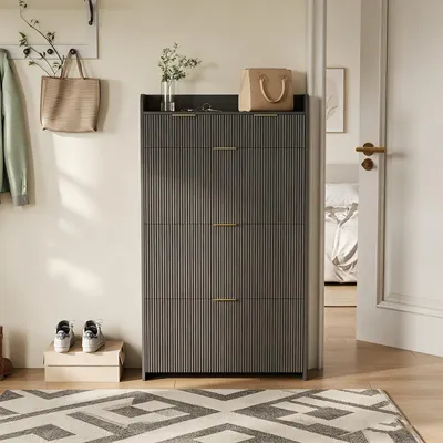 Productafbeelding van INONEFT schoenenkast met 2 lades en 3 draaideuren, 77 x 24 x 133 cm, smalle schoenenkast, schoenenkast, hoge schoenenkast, zwart