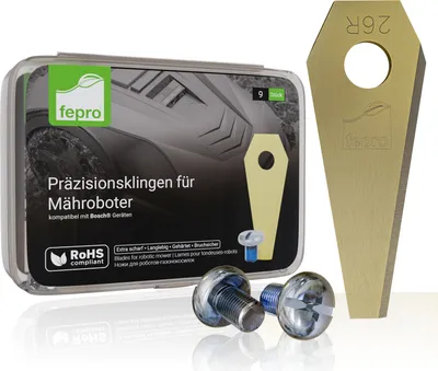 Produktbild von Fepro® Profi Ersatzmesser für Mähroboter - kompatibel mit Bosch Indego - 18 Stück, Universal Ersatzklingen für Rasenroboter Messer Messerset Mähroboterklingen