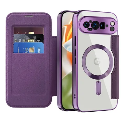 A purple flip case with card slots is shown next to a clear phone case with a magnetic ring.