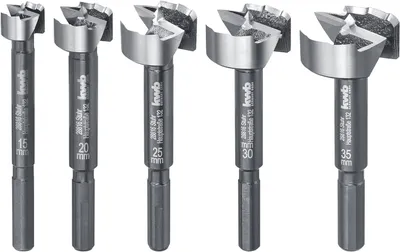 Obrázek produktu pro kwb Sada rychloupínacích vrtáků 15 20 25 30 a 35 mm, rychlé vrtání do všech druhů dřeva, sada vrtáků pro obrábění dřeva, DIN 7483 G, se stopkou 8 mm, zejména pro akumulátorové šroubováky a akumulátorové vrtačky