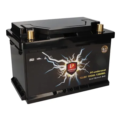 A black lithium battery with a lightning bolt graphic and product information.