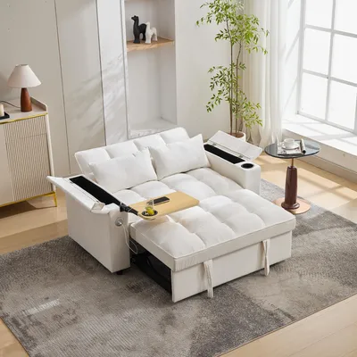 Produktbild von STILVORA Schlafsofa 3-in-1 Ausziehsofa, mit verstellbarer Rückenlehne USB-Anschluss, 2-Sitzer Loungesofa mit verstecktem Tisch Getränkehalter, beige