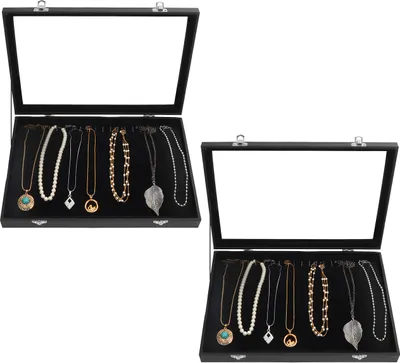 Produktbild von Kurtzy Jewelry Organizer Schmuckkasten Schwarz, Samt Box Glas Deckel Verschließbar & 20 Haken (2Stk) – Schmuckaufbewahrung Stapelbar Schmuckschatulle