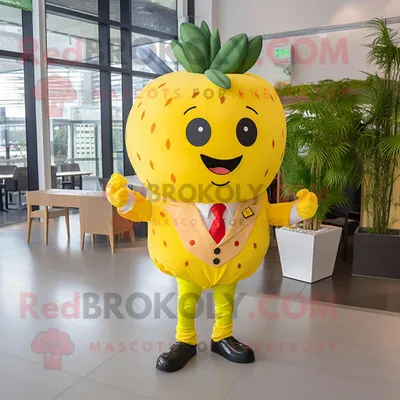 Immagine prodotto di Personaggio del costume della mascotte REDBROKOLY della fragola gialla vestito con giacca e cravatta