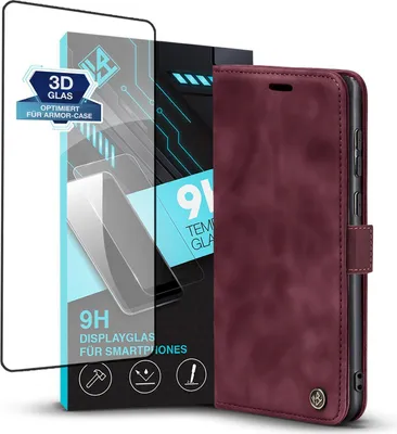 Produktbild von Handy Hülle für Samsung Galaxy S20 Ultra 5G mit 9H Displayglas Klapphülle Bookcase Flip Cover Handy Tasche Etui Farbe: Weinrot