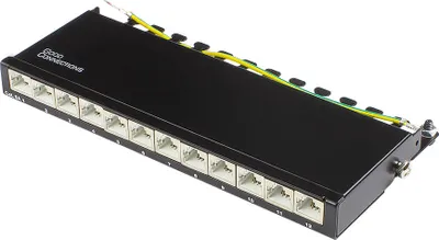 Produktbild von Patchpanel Desktop Cat. 6A, 12-Port, 0,5 HE, STP geschirmt, werkzeugloses Öffnen, Tiefschwarz (RAL90