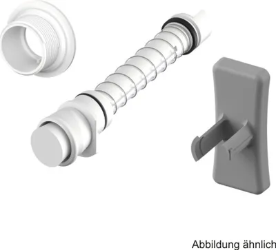 A white plumbing component set, including a flexible hose with a coiled spring, a threaded connector, and a gray mounting bracket, is displayed against a white background.