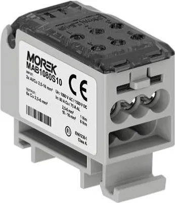 Imagen del producto de Bloque de distribución gris, 2 entradas de 2,5-16 mm y 6 salidas de 2,5-6 mm, 1000 VAC/1500 VDC, Morek MAB1080G10