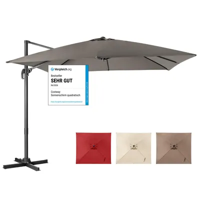 Produktbild von COSTWAY Sonnenschirm 300x300cm, Ampelschirm mit Kurbel, Gartenschirm neigbar, 360° drehbar, großer Terrassenschirm, Marktschirm, Grau