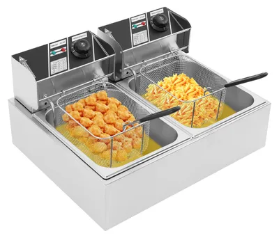 Image de Friteuse professionnelle - Double friteuse électrique - 2 bacs - Acier inoxydable - Contrôle de température indépendant - Couvercle anti-éclaboussures - Pièces amovibles - Prise européenne