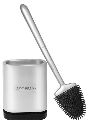 Image de Brosse WC en silicone avec long manche, tête flexible, fixation murale, support à séchage rapide, couleur grise, 1 pièce