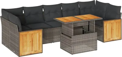 Produktbild von vidaXL 8-tlg. Garten-Sofagarnitur mit Kissen Grau Poly Rattan Akazie