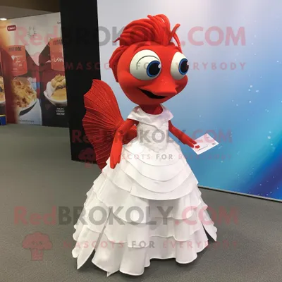 Produktbild von Roter REDBROKOLY Betta-Fisch Maskottchen Kostüm charakter bekleidet mit einem Hochzeitskleid und Geldbörsen
