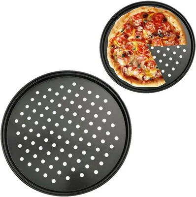 Imagen del producto de Ibenzoa® Bandeja para pizza perforada, diámetro 26 cm – Acero al carbono, revestimiento antiadherente, bordes enrollados, aproximadamente 200 g, ideal para bases de pizza crujientes