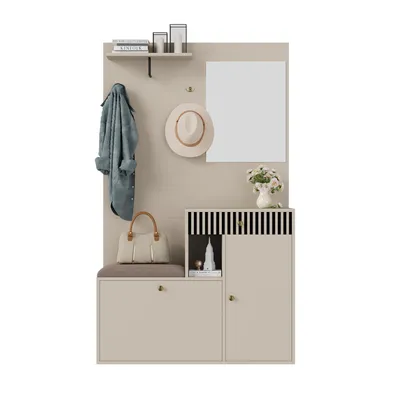 A modern entryway furniture set with a bench, storage, mirror, and coat hooks.