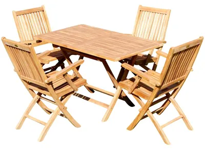 Produktbild von AS-S Teak Set: Gartengarnitur Klapptisch 120x70cm + 4 Klappsessel mit Armlehne Holz Serie JAV-AVES